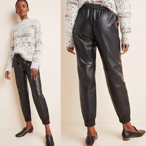By Anthropologie Sakara Faux Leather Joggers L Black Elastic Tie Waist Grunge